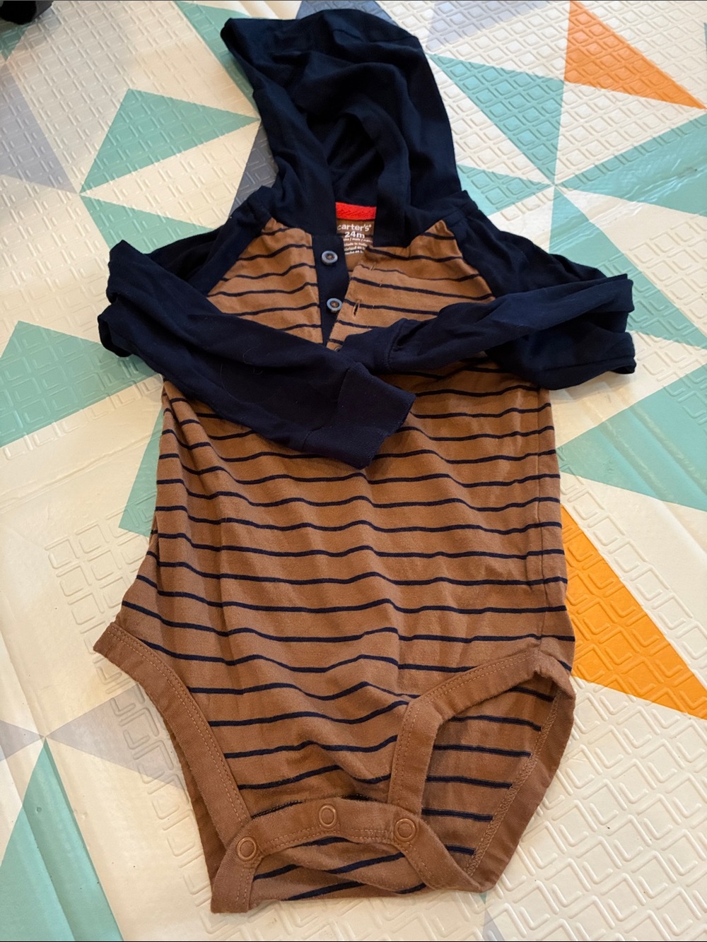 20/25$ 🧸 Striped Hooded One-Piece Bodysuit in Brown and Navy - Carter's